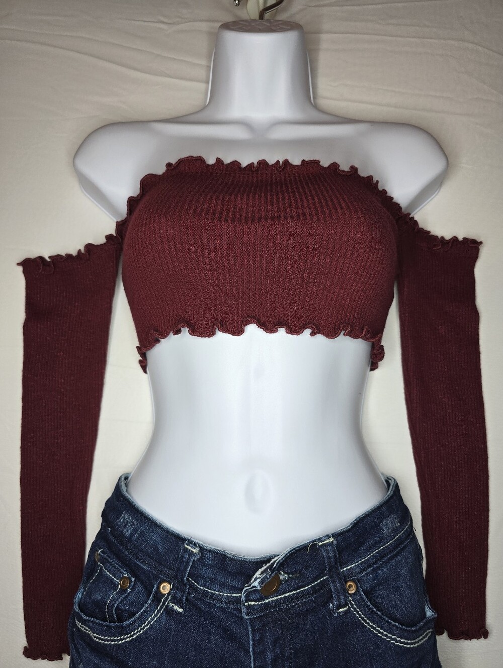 Fashion Nova Smock Or Slay Top II Burgundy Off Shoulder Ribbed Crop Top S NWT - Picture 2 of 7
